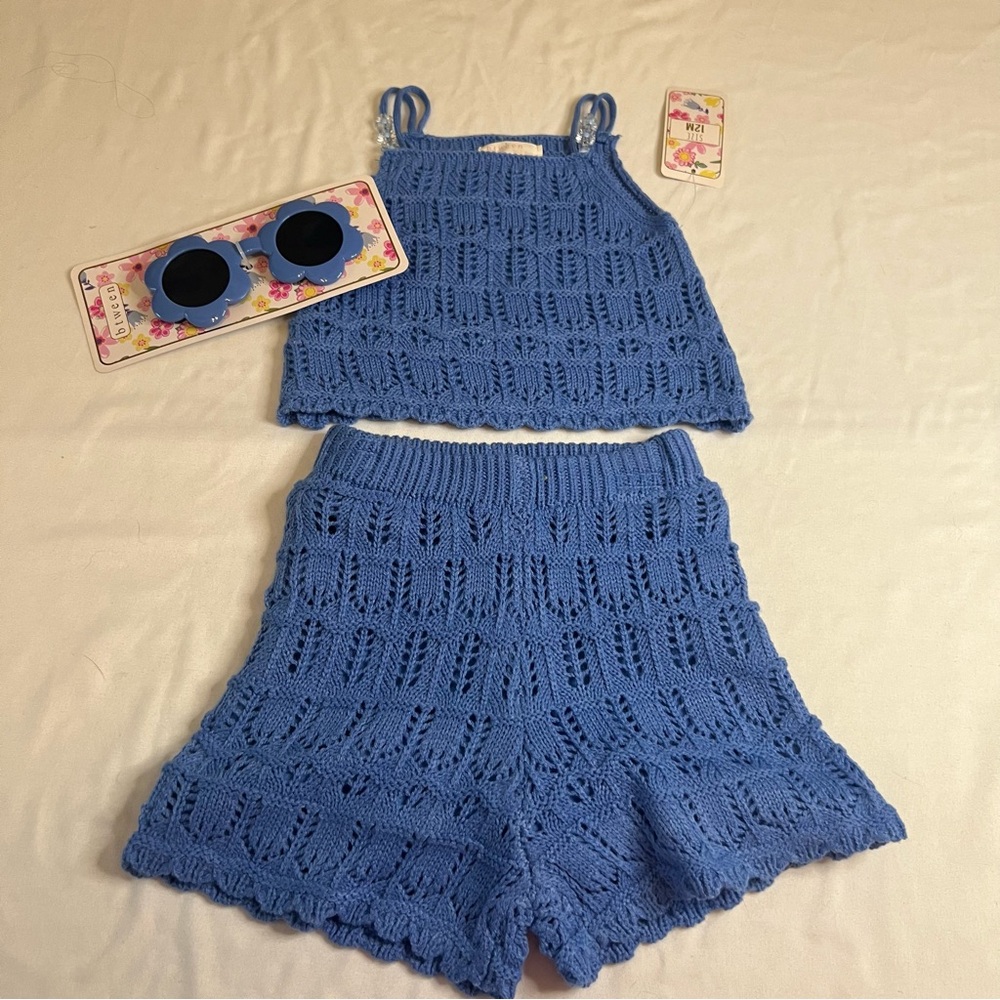 NWT Btween‎ Baby Girls 2PC Crochet Set Blue Shorts & Camisole Top 12M Sunglasses